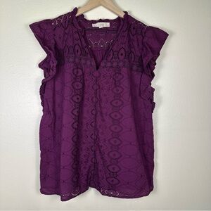 LOFT Bohemian Purple Cottagecore Lace Eyelet Women's XL Ruffle Cap Sleeve Top
